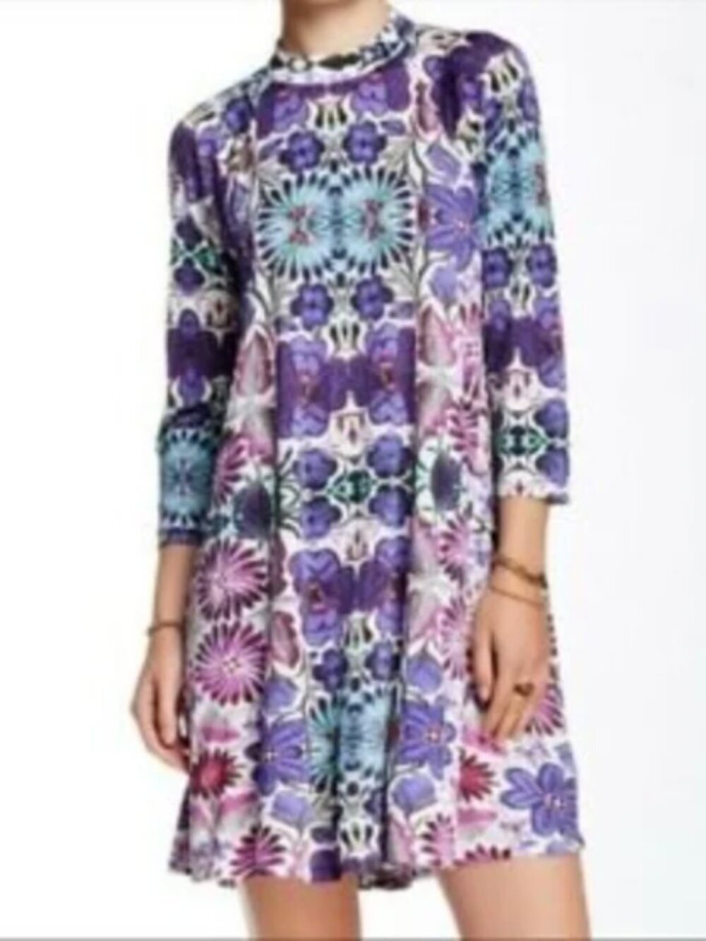 Free People Colorful Floral Print Shift Dress Stretchy Mini Bold Flowy Sz Small